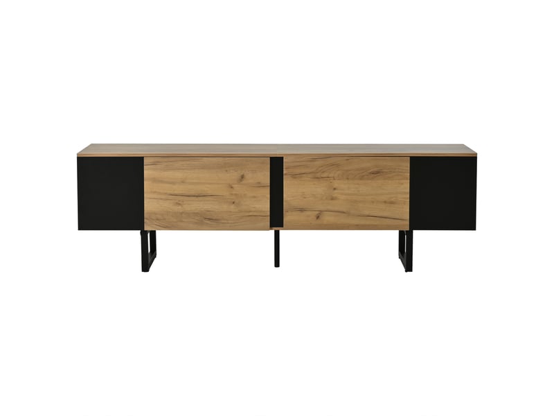 Meuble tv 180 cm pour écran jusqu'à 75 pouces, meuble tv bas pour salon, rangement bois naturel et noir avec 2 placards - Conforama A