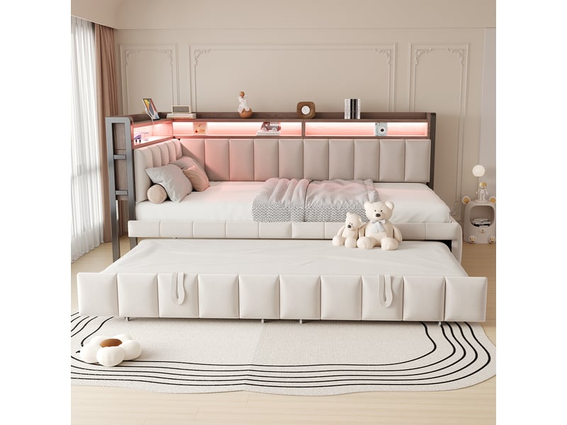  Canapé-lit convertible 90x200 cm avec lit gigogne, tissu velours beige, lit simple avec éclairage led et ports usb et type-c  - Conforama E