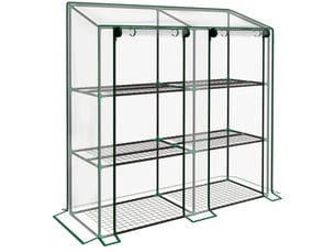 Mini-serre de balcon 143x46x151 cm – transparente – 3 niveaux, 6 étagères métalliques et 2 portes enroulables
