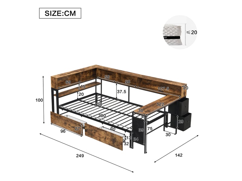 Lit 120 x 200 cm en métal, 2 tiroirs, étagères, port de charge, table latérale, poches et tiroirs en tissu, noir et bois - Conforama C