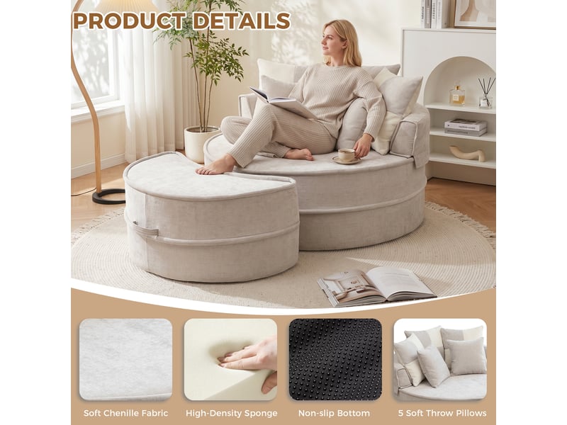  Fauteuil rond gris en tissu chenille avec repose-pieds intégré et coussins pour salon moderne  - Conforama D
