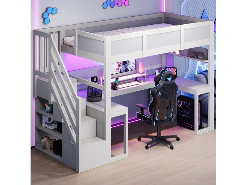  Lit mezzanine 90x200 cm avec bureau, escalier avec rangements, éclairage led et port usb, mdf, blanc sans matelas  - Conforama E
