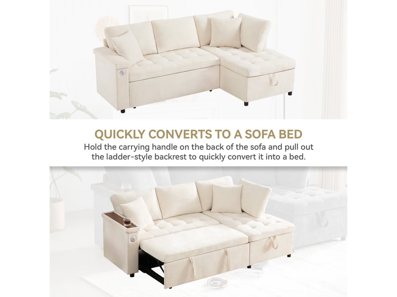 Canapé d'angle convertible moderne avec espace de rangement, port de charge usb, compartiments de rangement dans les accoudoirs et deux coussins – beige. - Conforama W