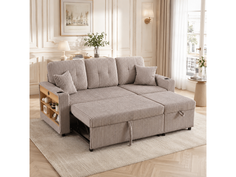  Canapé de salon, canapé velours – en velours tricoté, avec rangement, porte-gobelets, avec accoudoirs, lit gigogne, port usb  - Conforama C