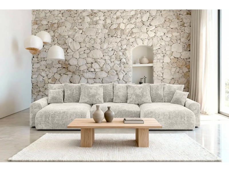 Oli - canapé panoramique convertible tissu chenille 5 places blanc - Conforama D