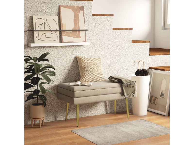  Banc banquette coffre de rangement 2 en 1 assise aspect velours et pieds acier - beige et doré 79,5l x 37,5p x 43h cm  - Conforama D