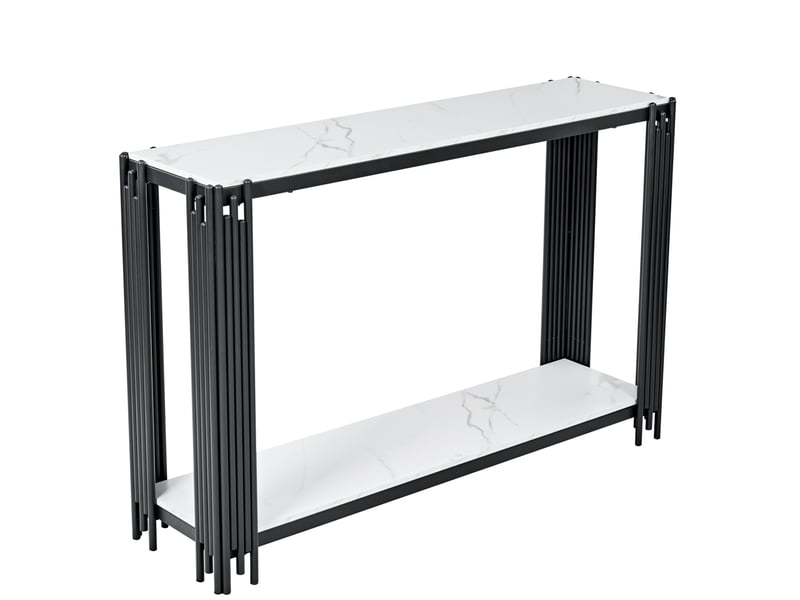  Table console 123.5x33.5x80 cm à 2 niveaux en mdf et métal, aspect marbre blanc, noir et blanc  - Conforama A