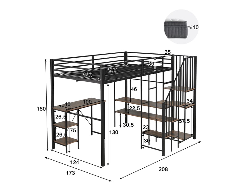 Lit mezzanine 120x200 cm, lit combiné pour enfant et adolescent avec bureau et escalier de rangement, structure robuste en métal et bois mdf, noir - Conforama E