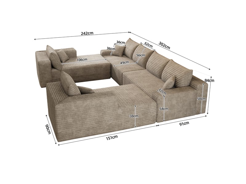  Canapé modulable convertible 302 x 242 x 83 cm 4 places avec 2poufs, canapé-lit sans structure, design minimaliste, velours côtelé, camel Bliss Lite - Conforama C