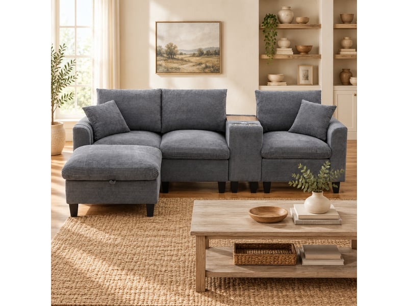 Canapé d'angle 4 places avec console et ports usb, pouf de rangement en velours côtelé gris, 229 × 149,5 × 83 cm - Conforama C