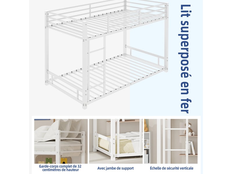  Lit superposé métal 2 x 90 x 190 cm, 2 places avec échelle intégrée, garde-corps et sommier à lattes, blanc  - Conforama E