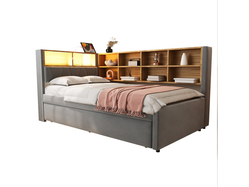 Lit enfant gigogne 90 x 200 cm + 90 x 190 cm led usb-c et prise secteur multiple flanelle gris foncé sans matelas - Conforama A