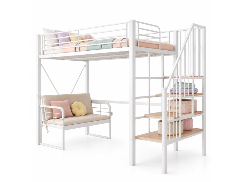  Lit superposé 90x200 cm escalier de rangement, canapé amovible en métal blanc  - Conforama A