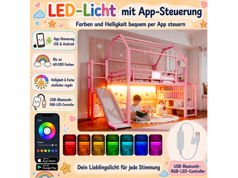  Lit mezzanine enfant tcqpz maison 140 x 200 cm avec toboggan escalier rangement led bluetooth rose  - Conforama E
