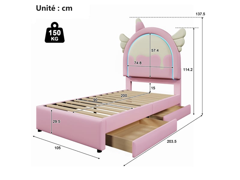Lit simple pour enfant 90x200 cm - lit décoratif licorne avec 2 tiroirs et led - pu + mdf - sans matelas - rose - Conforama C