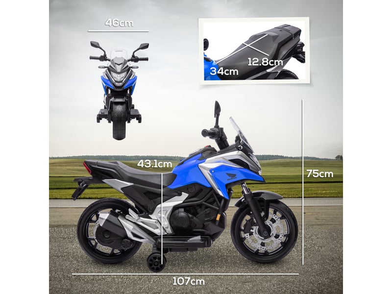 Moto électrique pour enfants de 3 à 6 ans, permis honda, double moteur 12 v, roues, 3 kmh, poids max. 30 kg, bleue - Conforama E