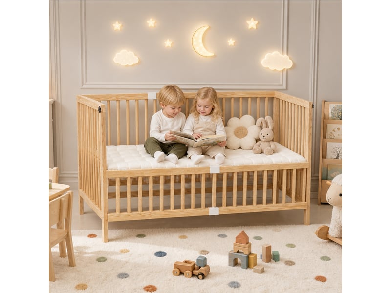  Lit bébé 70 x 140 x 95 cm, table à langer et étagère intégrées, sommier réglable sur 4 hauteurs, pour chambre enfant, pin massif, naturel ABC - Conforama E