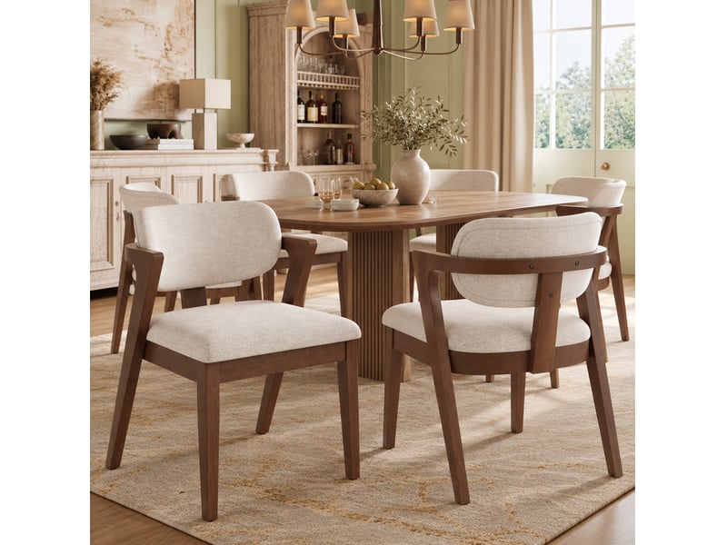 Lot de 2 chaises de salle à manger avec accoudoirs, bois d’hévéa, coloris noyer et beige avoine - Conforama C