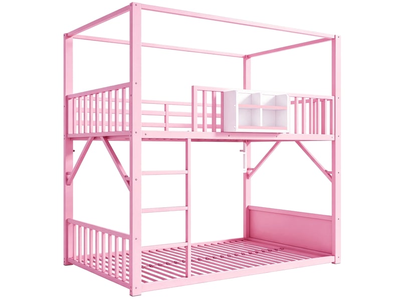  Lit superposé enfant 90x200 cm rose métal et mdf, modèle maison avec toit, étagère, poche et barrières  - Conforama D