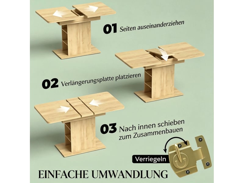  Table à manger extensible rectangulaire avec 6 étagères ouvertes, 110 à 130 cm, 4 à 6 personnes, effet bois naturel  - Conforama E
