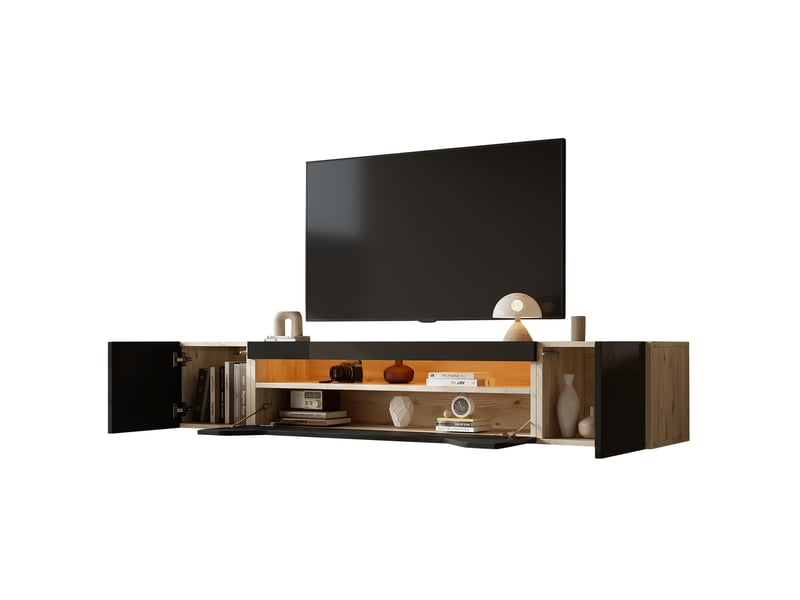  Meuble tv moderne bas 180x37x36cm avec 3 portes, design sobre, panneaux de particules, couleur naturel et noir  - Conforama E
