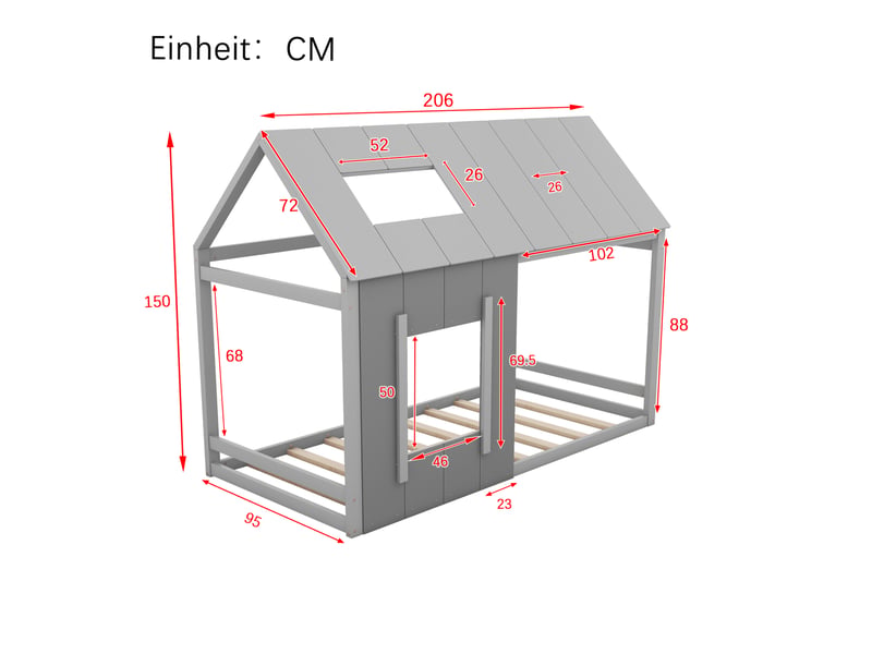 Lit simple enfant 90x200cm, lit cabane, design maison, lit en bois, gris foncé + clair - Conforama C