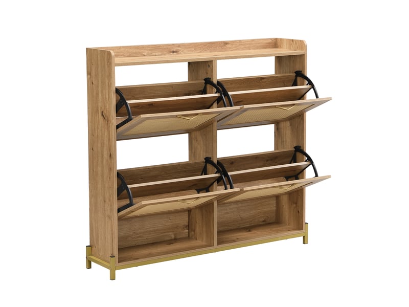 Meuble à chaussures 108,5x24x100 cm, 4 portes effet rotin, cadre métal et plateau supérieur, rangement pour entrée et couloir - bois  - Conforama E