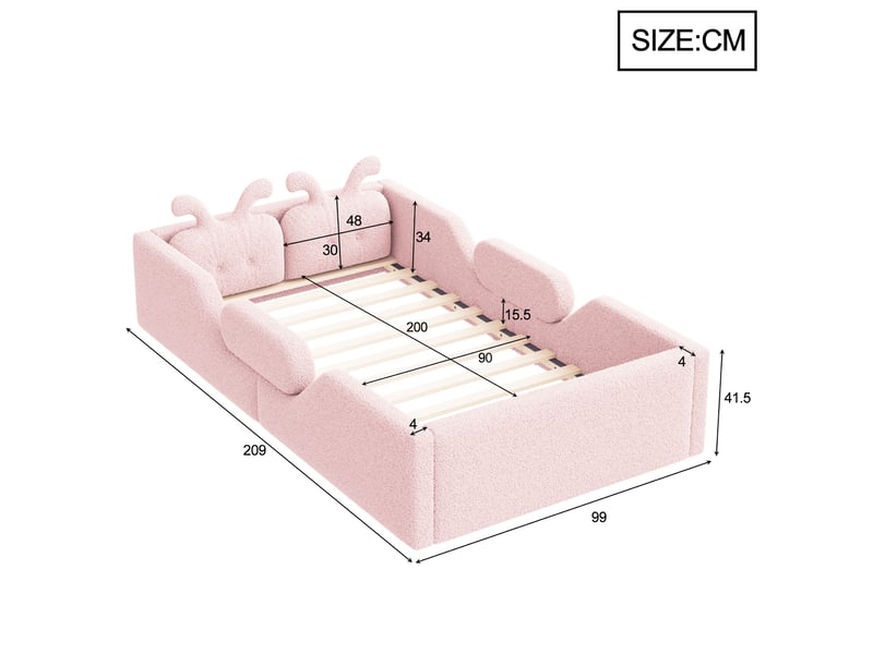  Lit enfant 90 x 200 cm, lit plateforme rembourré rose avec barrières de sécurité, tête de lit et coussin oreilles de lapin, cadre mdf et contreplaqué  - Conforama D