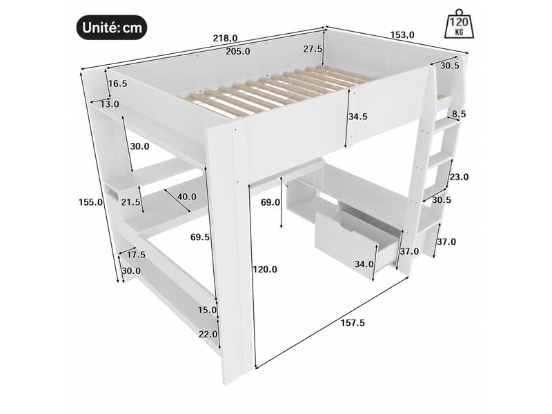  Lit mezzanine 140 x 200 cm avec bureau, rangement et éclairage led 16 couleurs, blanc en pin et mdf  - Conforama C