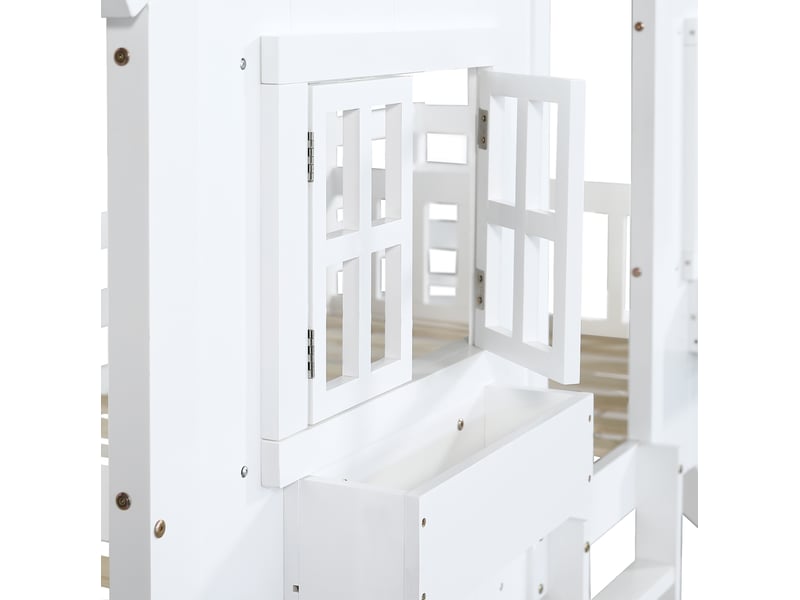  Lit superposé enfant 90x200 cm – blanc – cabane avec toboggan, échelle 3 marches et barrières sécurisées  - Conforama E