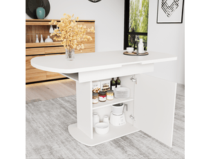 Table de salle à manger ovale extensible 110 à 130 cm blanche et dorée avec rangements intégrés, style moderne