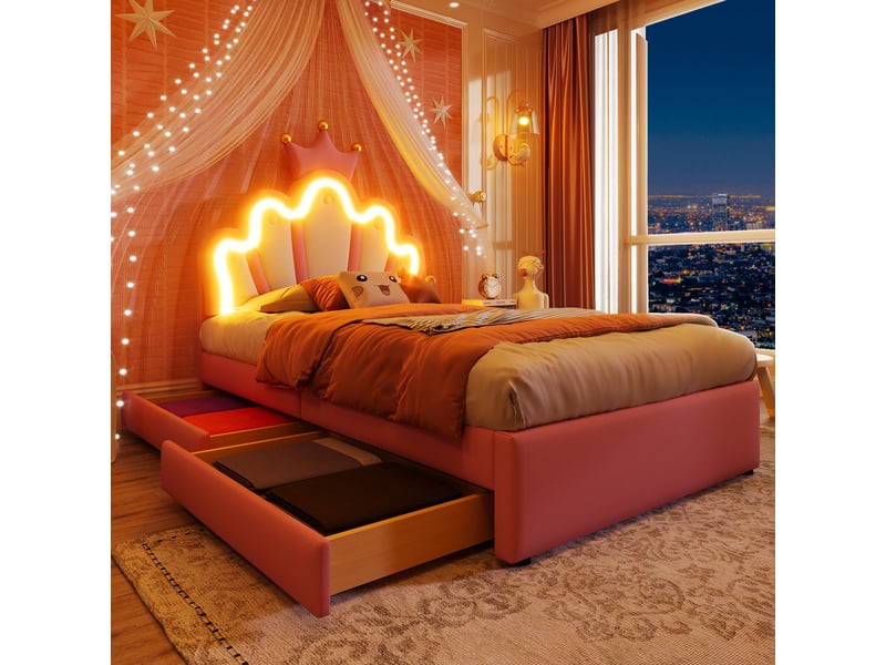 Lit enfant 90x200 cm avec led, tiroirs, sommier et tête réglable, lit princesse, pu rose, sans matelas - Conforama W