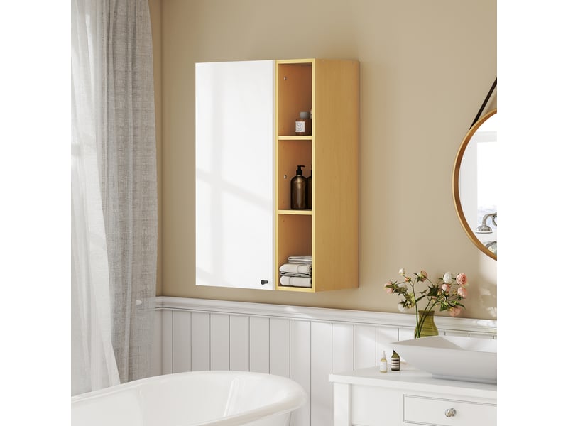  Meuble de salle de bain mural avec étagères réglables et 3 étagères ouvertes, 59,5 x 30 x 90 cm, blanc et bois  - Conforama B