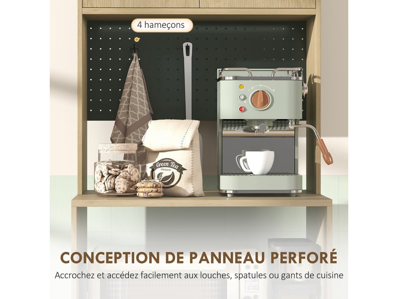  Meuble micro-ondes, buffet, 2 tiroirs, 2 portes, plan de travail, étagère réglable, panneau perforé, 4 crochets, naturel  - Conforama E