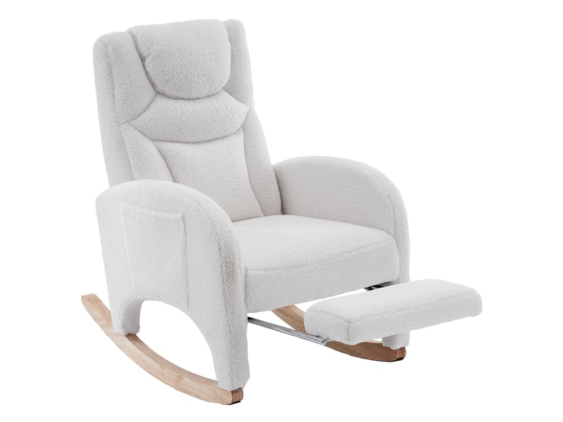  Fauteuil à bascule avec repose-pieds pliable appui-tête et dossier ergonomique rembourré en tissu teddy blanc  - Conforama A