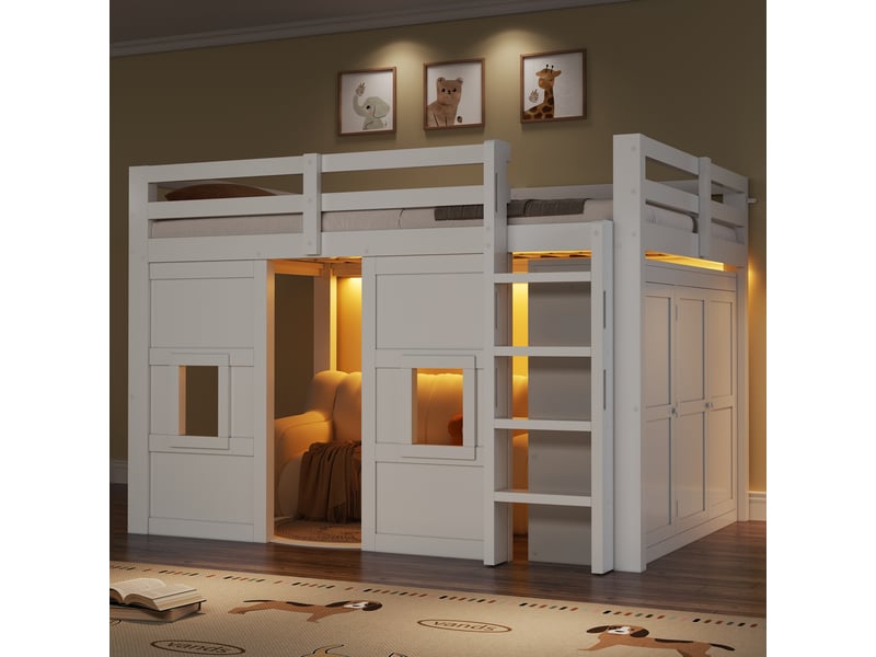  Lit mezzanine 140x200 cm avec armoire réversible et 2 fenêtres, lit double gain de place avec led multicolore, garde-corps, pin et mdf blanc  - Conforama B
