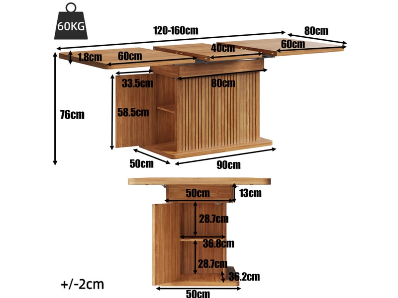  Table extensible 120 à 160 x 80 cm marron foncé aspect bois, mdf métal, rangement dissimulé à étagères  - Conforama C