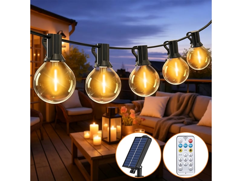  Guirlande lumineuse solaire extérieure 15 m, 25 ampoules g40 led, 8 modes, étanche, décoration de jardin et terrasse  - Conforama A