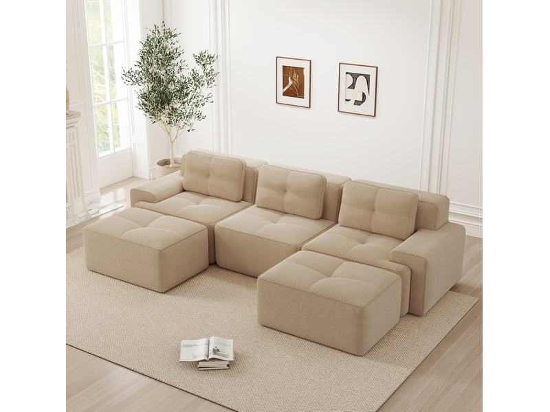  Canapé modulable en u ulevr 3 places avec ottomans, velours côtelé beige, 293 x 177 x 69 cm, sans montage  - Conforama B