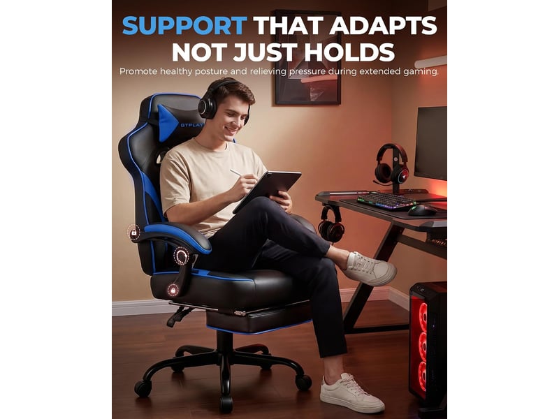 Gtplayer chaise de jeu avec repose-pieds, 180kg, soutien lombaire, appui-tête réglable, inclinable à 155° - bleu F59-BL-TJ - Conforama D