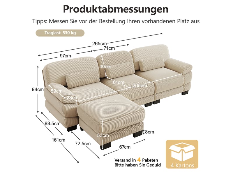 Canapé modulable tcqpz 3 places en l avec pouf 265 x 161 x 94 cm velours côtelé beige - Conforama C