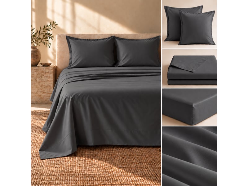  Ensemble literie 4 pièces drap plat 240 x 300 cm + drap housse 140x190 cm + 2 taies 63x63 cm percale 78 fils anthracite  - Conforama B
