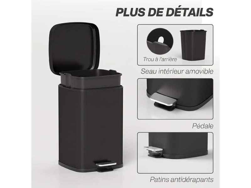  Poubelle de cuisine 20l - poubelle à pédale acier inox noir  - Conforama D