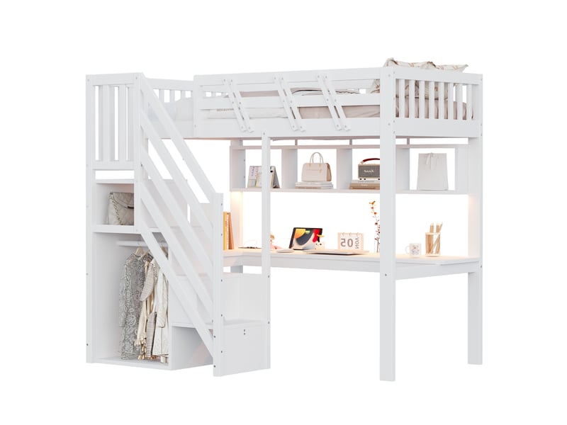 Lit mezzanine enfant 90×200 cm avec escalier de rangement, bureau et led, bois, blanc, sans matelas - Conforama A