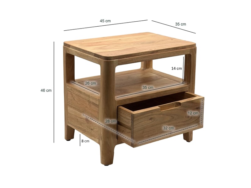 Finebuy table de chevet en bois massif d'acacia 45x35x46cm - console de nuit avec tiroir & étagères ouvertes - table de chevet en bois - table de nuit chambre - commode de nuit design moderne  - Conforama D