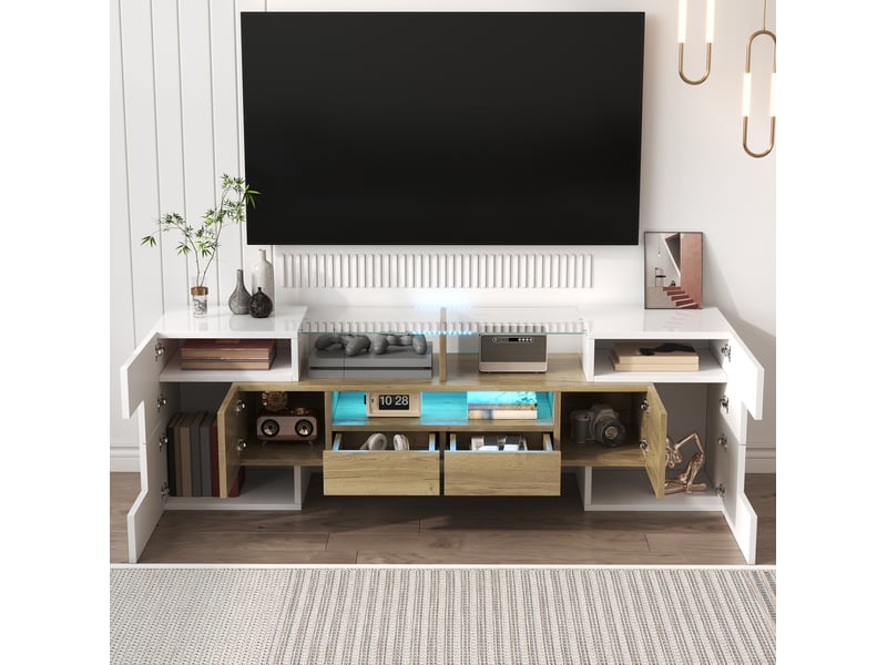  Meuble tv bas 145 cm blanc brillant et décor bois avec éclairage led multicolore  - Conforama D