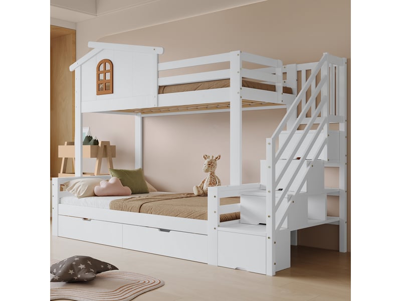  Lit superposé enfant 90 x 200 + 120 x 200 cm avec 2 tiroirs sur roulettes, escalier d’angle avec rangements, fenêtres, pinmdf, blanc et naturel  - Conforama C