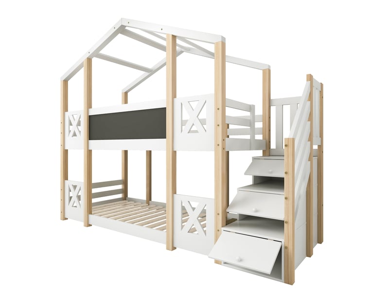 Lit superposé cabane enfant 90 x 200 cm avec escalier de rangement, barrières, tableau et 2 sommiers, blanc et bois naturel AB405332345W - Conforama A