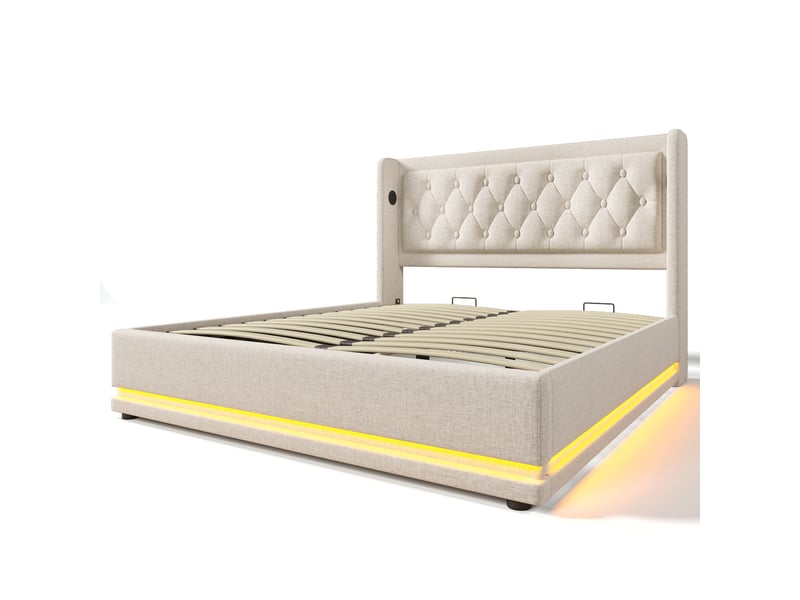 Lit coffre,160x200 cm,avec led et ports usb type-c,coton,beige - Conforama D