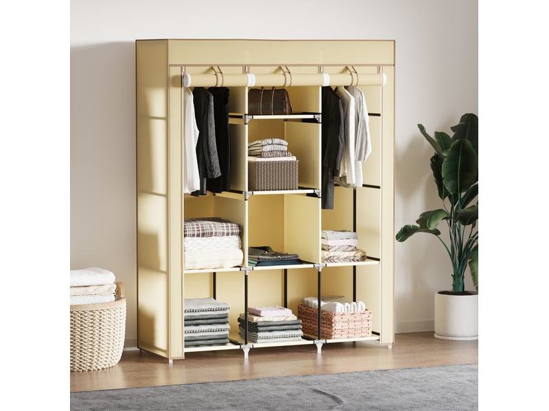  Armoire en tissu 125x43x162,5 cm avec 2 barres de penderie et 8 niveaux métal beige  - Conforama B